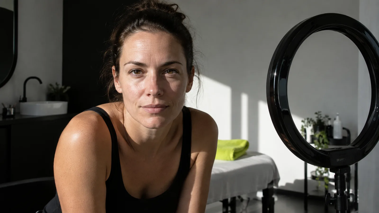 Bare-faced woman with her hair pulled back sitting beside a ring light in a treatment room, looking into the camera.