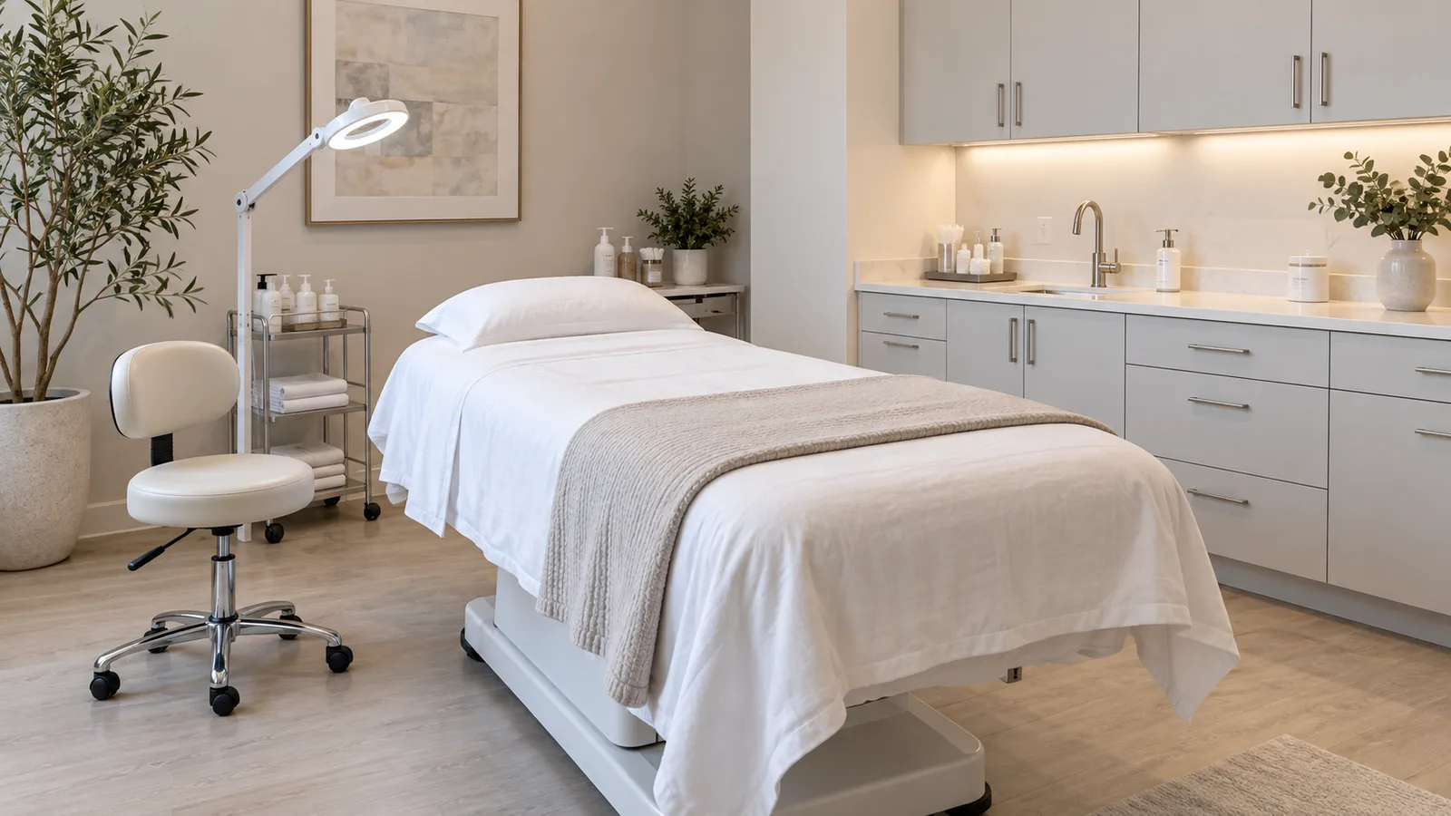 Bright treatment room with a white-sheeted bed, magnifying lamp, rolling stool, and grey cabinets along one wall.