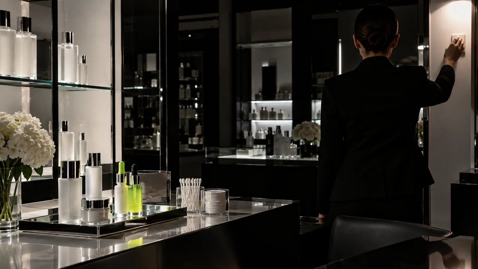 A woman in a black blazer switches off the lights at a beauty counter lined with plain serum bottles on glass shelves.
