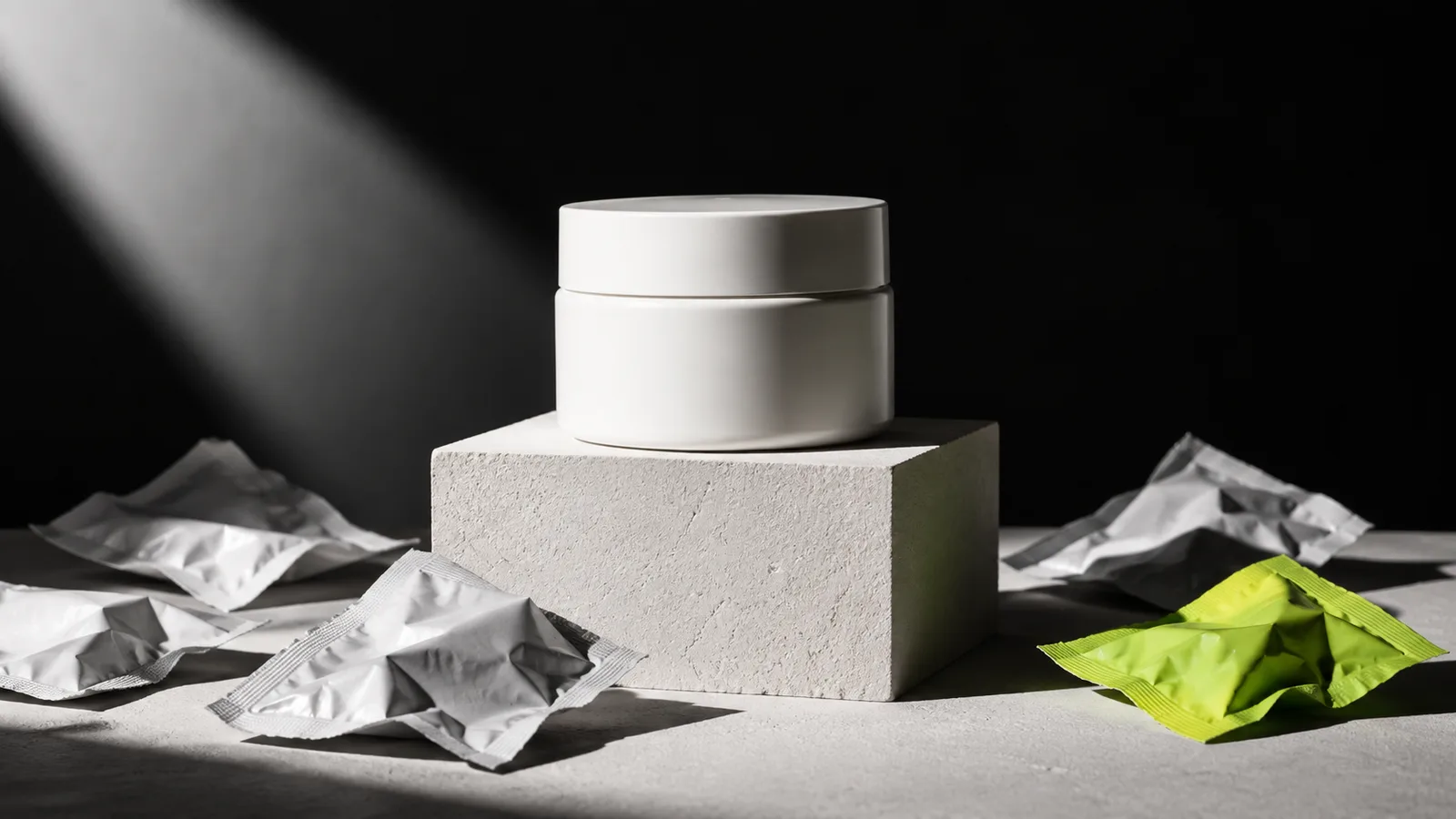 White cream jar on a stone block, surrounded by crumpled foil sachets, one bright green, under a shaft of light.