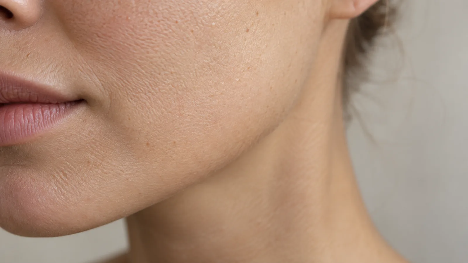 Close-up of the lower face and jaw of a woman, showing natural skin texture, fine pores, and faint freckles.