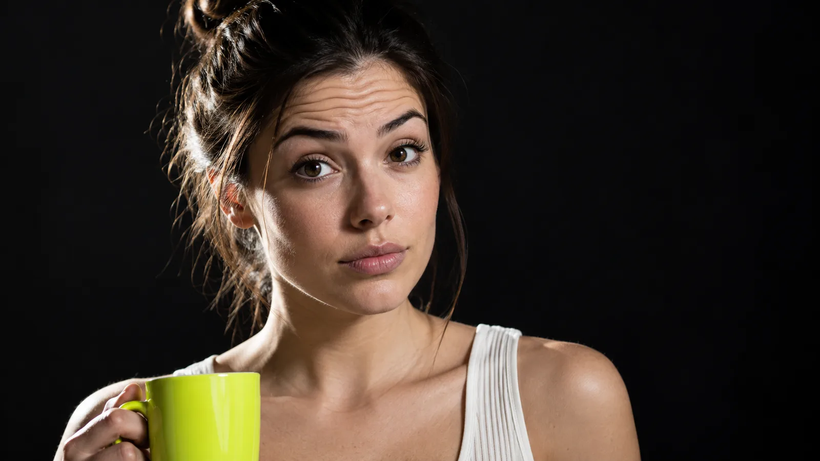 A young woman holding a lime green mug raises her eyebrows, showing faint forehead lines, against a black backdrop.