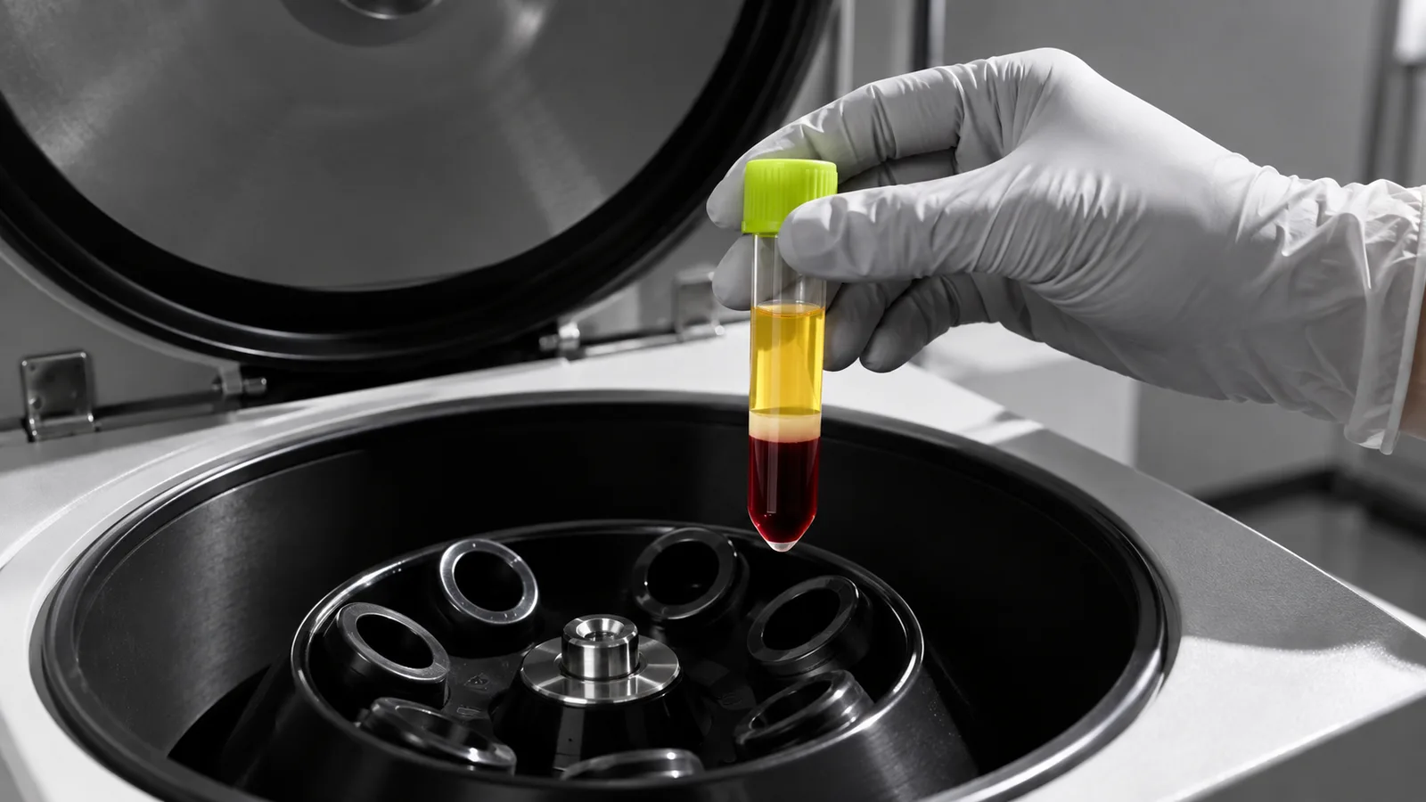 A gloved hand lifts a tube of separated blood and yellow plasma out of an open centrifuge.